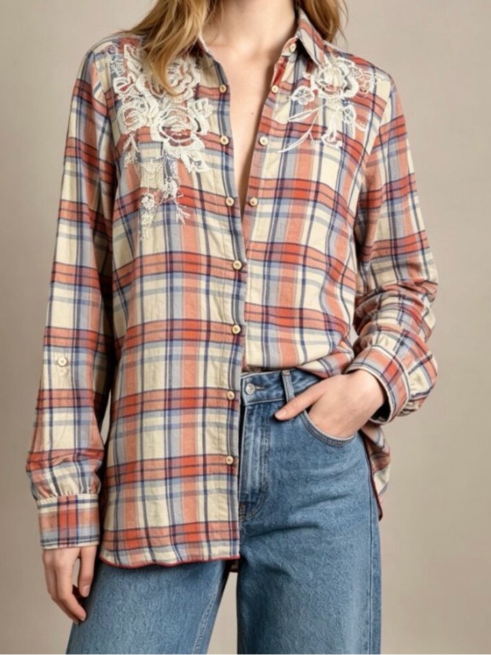 Johnny Was  Button-Down Shirt with Lace Embroidered - Cream & Rust